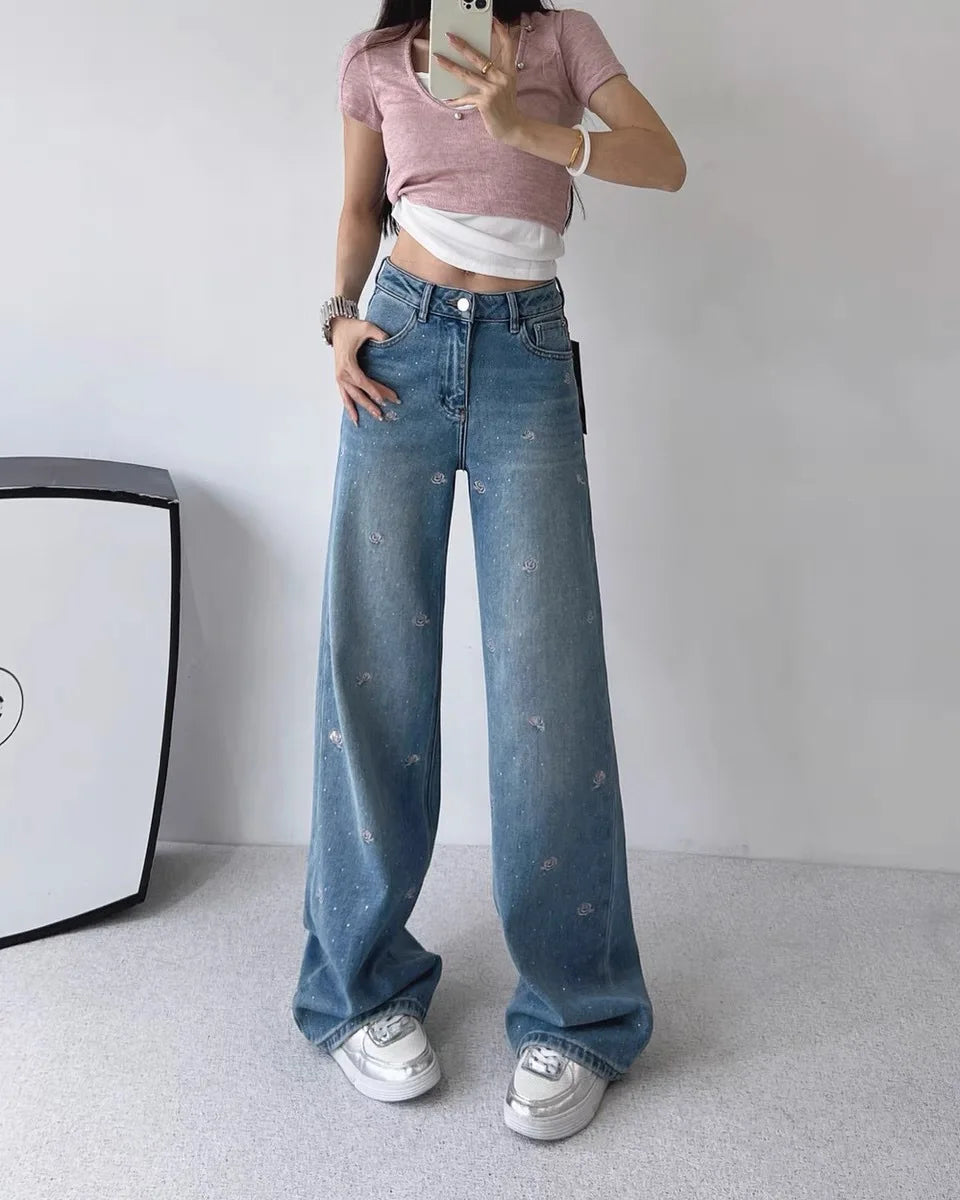 Spring 2025 High Waist Loose Fit Glitter Embroidered Floral Denim Pants Women's Wide Leg Jeans Stylish Casual High Waist