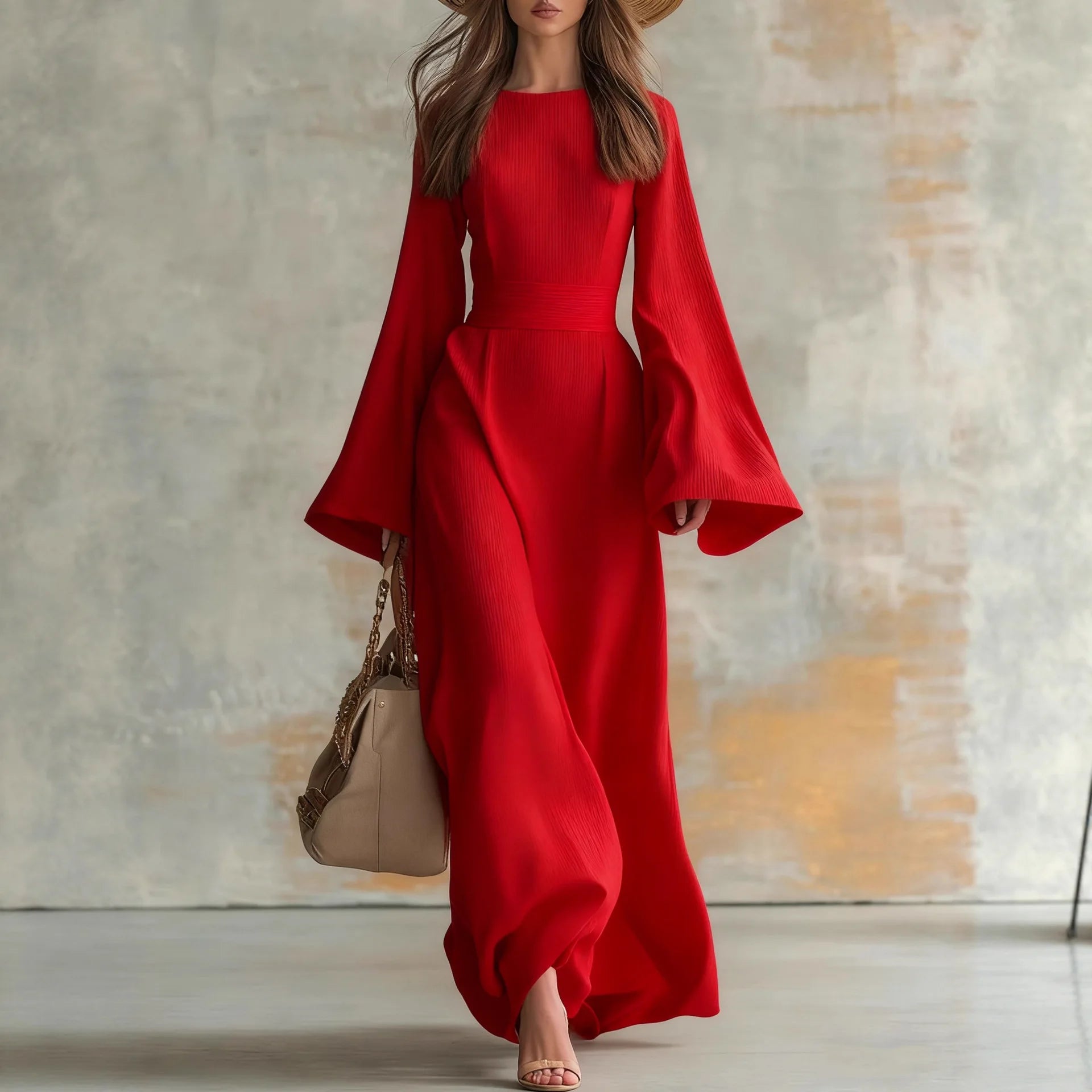 New Spring Elegant Crew Neck Long Dresses Woman Solid Tie-up Bowknot Slim Party Dress Autumn Flare Sleeve Loose Maxi Dress