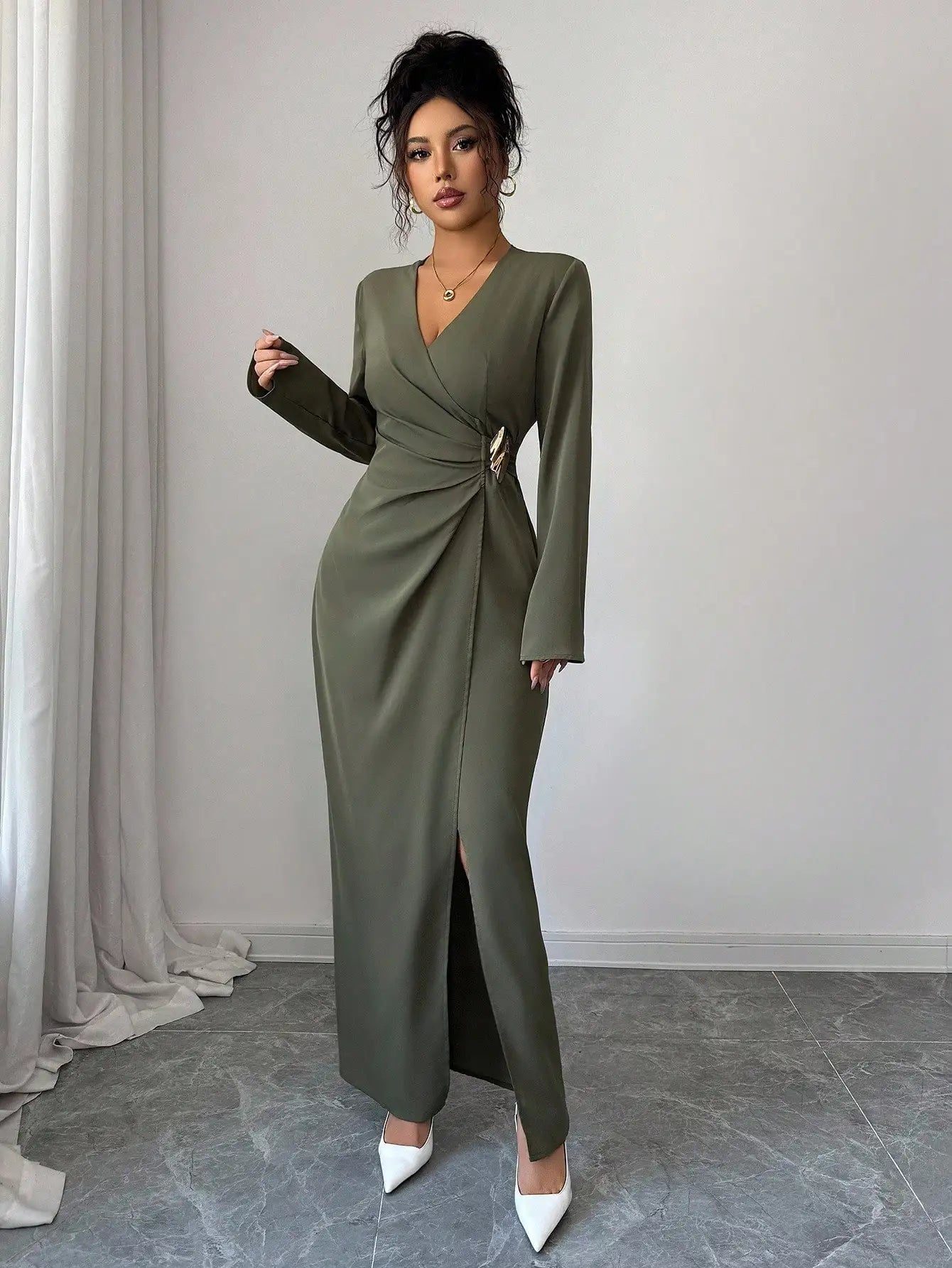 Woman Elegant Wrap V Neck Maxi Dress Ruched Waist High Slit Long Sleeve Gown Sophisticated Mature Style Outfit for Formal Events