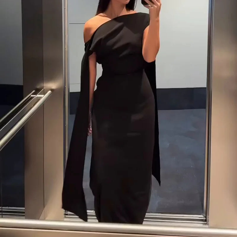 Elegant Long Dress Pure Color Asymmetrical Collar Shoulder Insert Sleeve Cross-Border Summer New Women's Fashion Dress