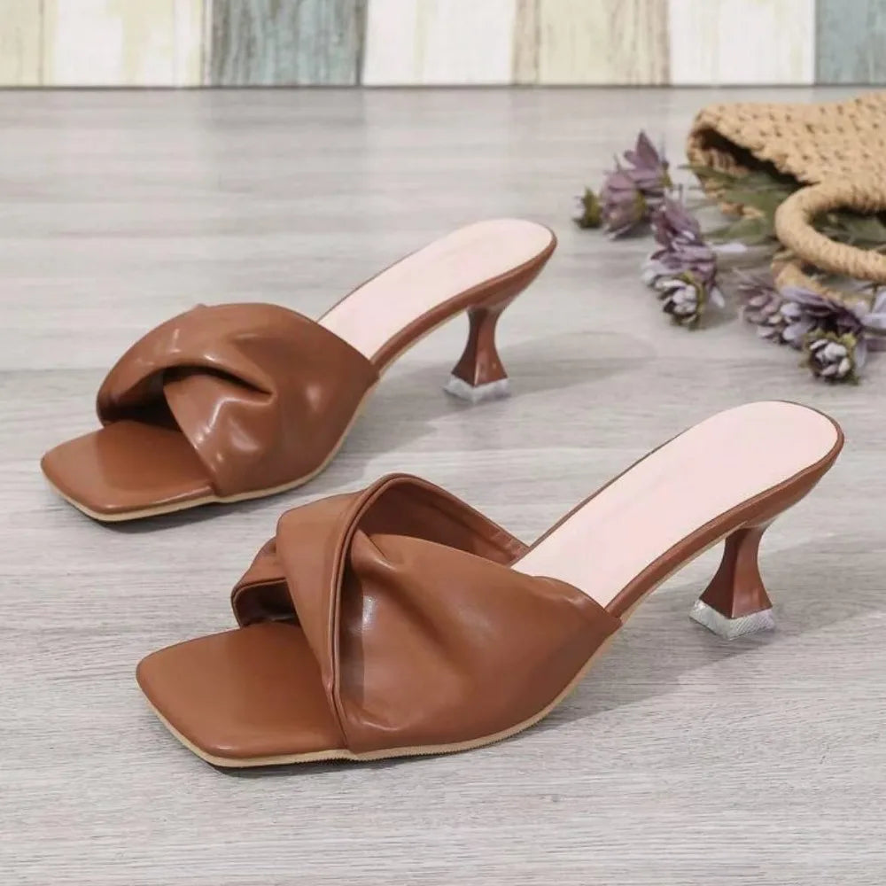 Fashion Summer Women Shoes New Handmade Square Open Toe High Heels Outdoor Fashion Slippers Wedding Party Fashion Party shoes