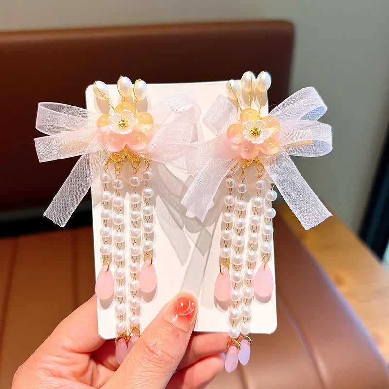 Pink and Blue Ribbon Tassel Hairpin Hair Clip for Children Girl Ancient Style Hanfu Hair Pins Cosplay Hair Accessories