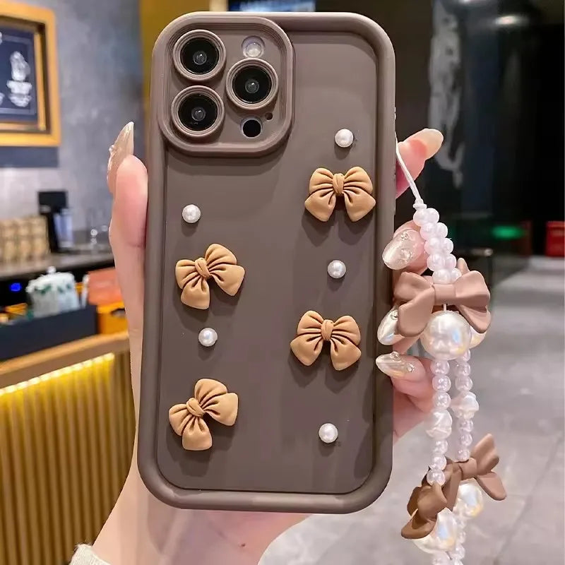Pearl Bow Chain Phone Case For Redmi Note 14 13 12 11 10 9 8 Pro Plus 11s 13C 12C Women Silicone Back Cover