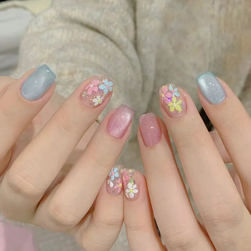 24Pcs Short Almond Press-On Nails Pink Floral French Tip Glossy&Elegant Full Cover Fake Nails for Women&Girls Spring,Daily Wear