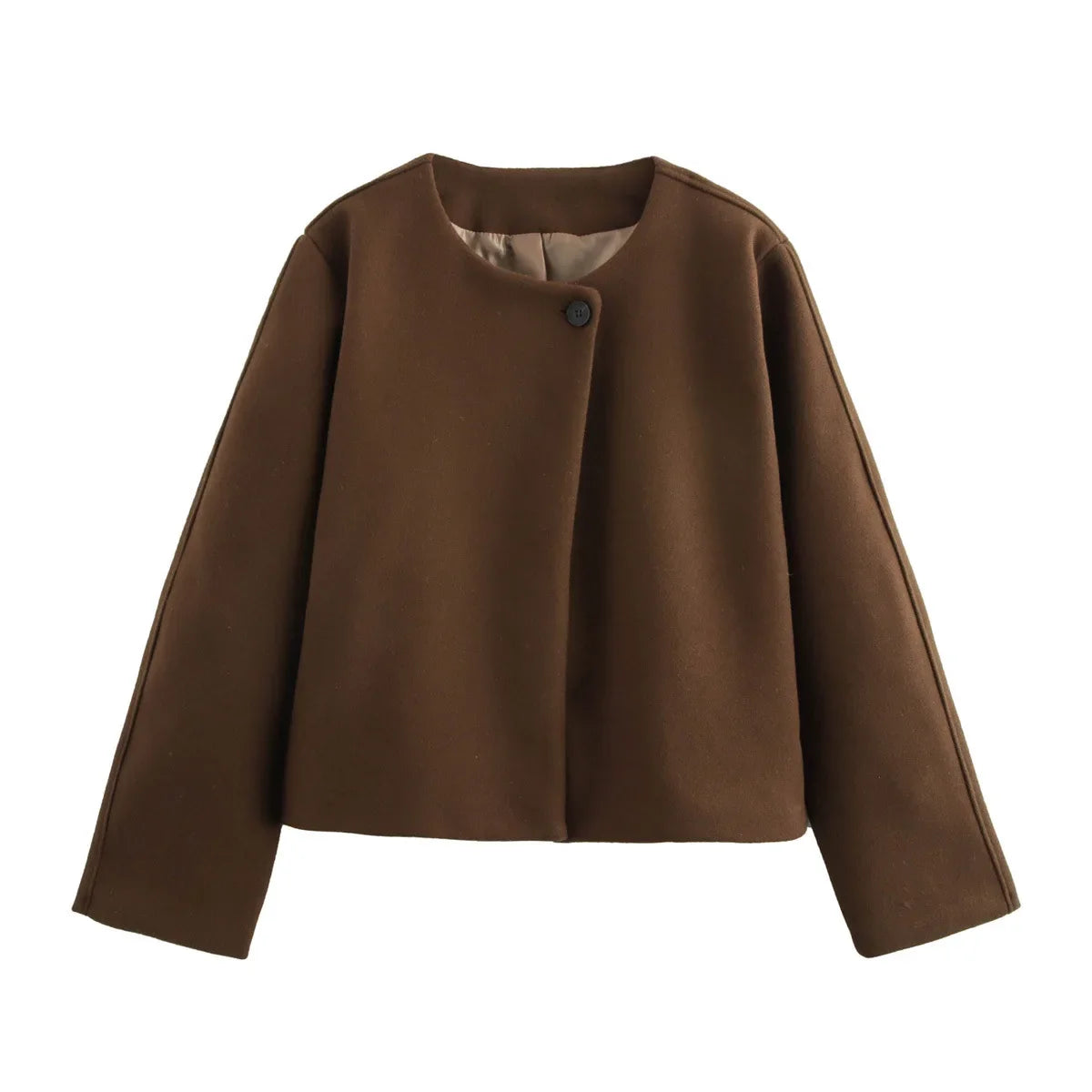 Fashion Women Solid Round Neck Woolen Short Coat Elegant Full Sleeve One Button Loose Women's Jacket 2024 Fall Winter Daily Wear