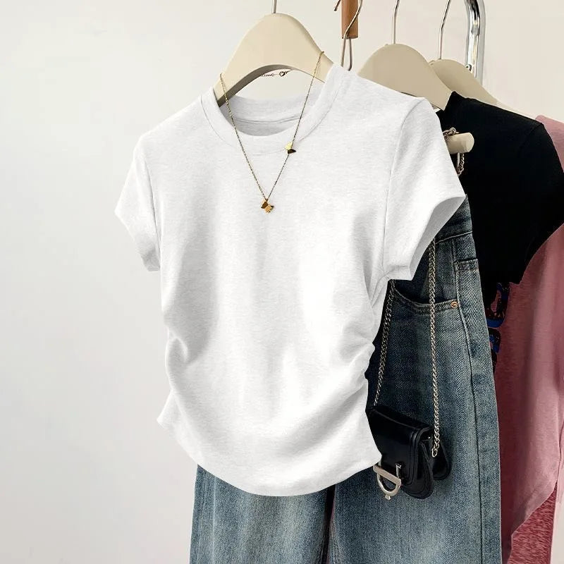 Summer Women's Threaded Waist Cinched U-shaped Hem Slim Irregular Short Sleeved Top for Women Clothing  Tops