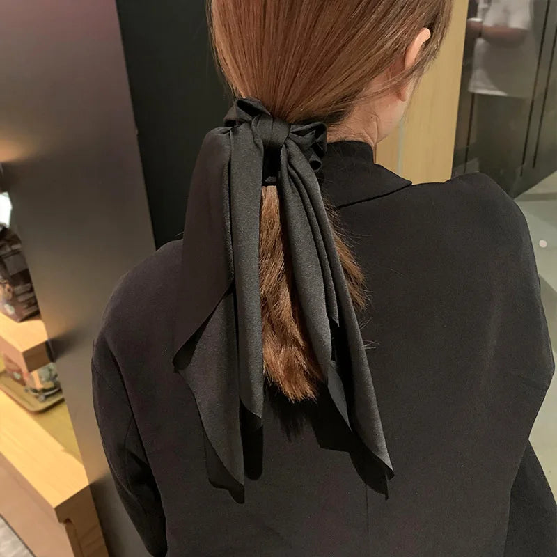 Ins Fashion Satin Hair Scarf Large Bowknot Head Bands Women Elegant Brown Scarf Hair Bands Retro Ponytail Elastic Hair Ties