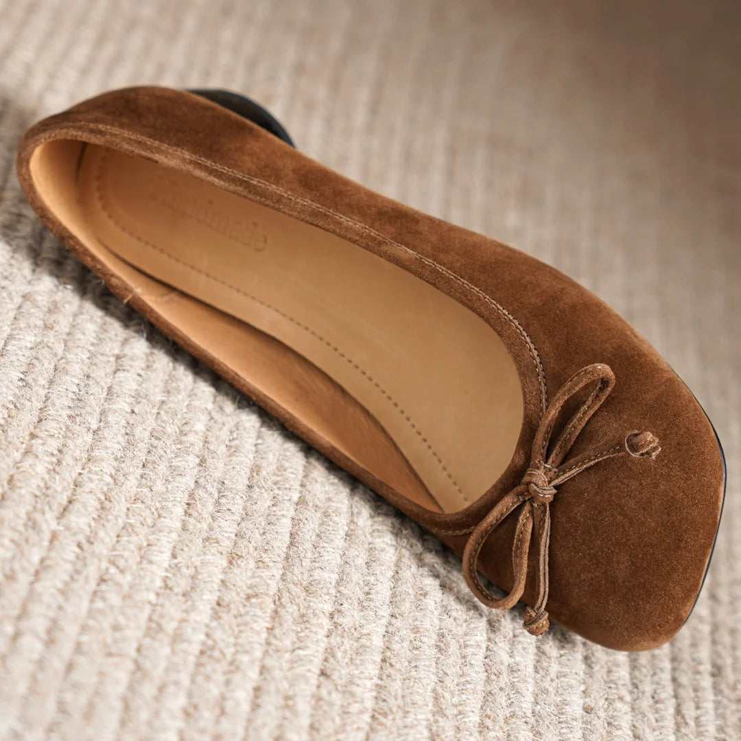 Women's natural suede leather square toe slip-on flats 3cm round low heel sweet bowtie casual female four season shoes for woman