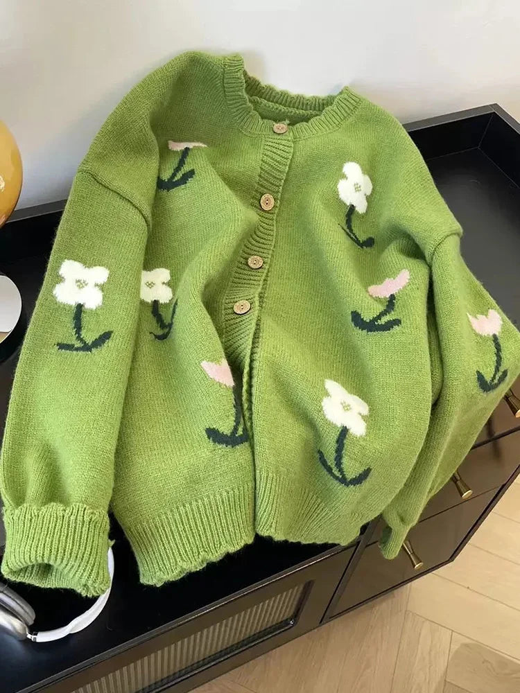 Floral Sweet Green Cardigan Women Long Sleeve Vintage Cute Knitted Sweaters Korean Retro Casual Female O Neck Fall Tops Jackets