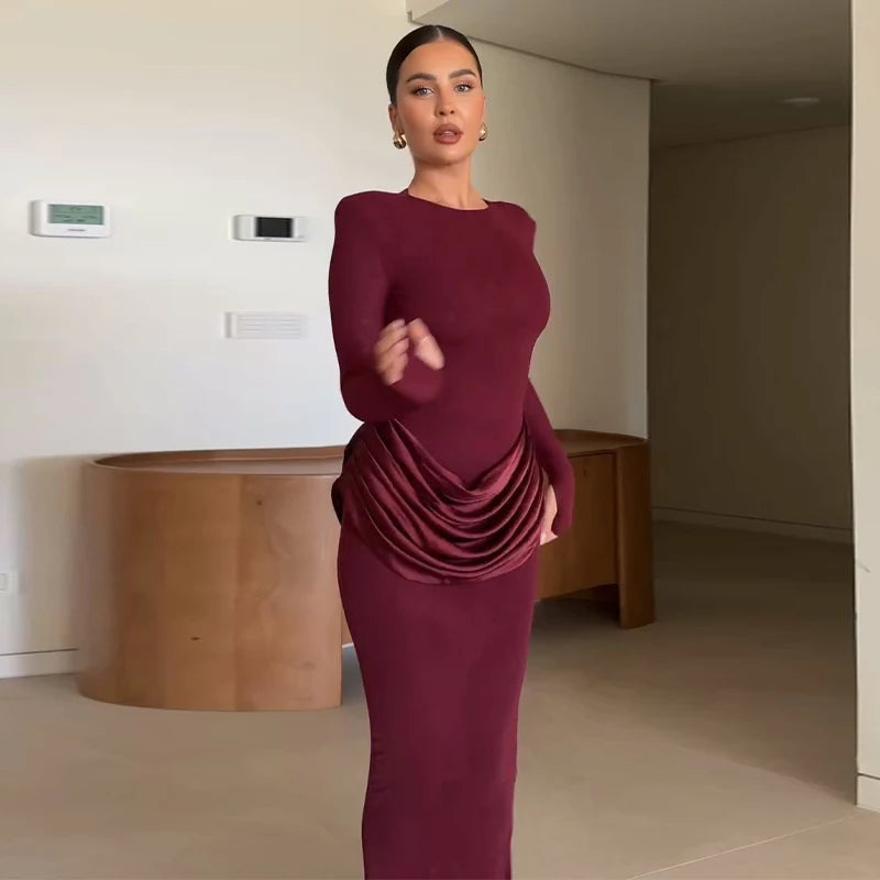 Women Burgundy Long Sleeve Maxi Dress Satin Ruched Waist Bodycon Style Robe Female Autumn Winter Dinners Parties Evening Events