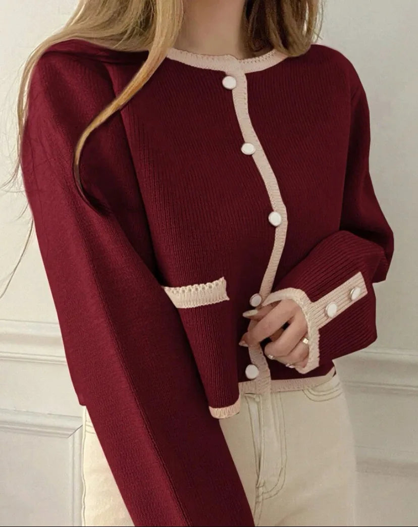 Chic Contrast Color Round Neck Single Button Knit Cardigan Sweater