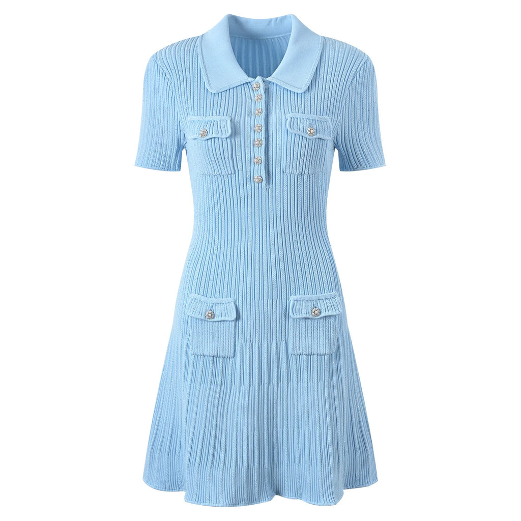 Asian Size Dating Short Dress, Gentle Style, Polo Collar, Diamond Buckle Slimming White Elegant Knitted Skirt, Hip-hugging Dress