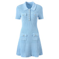 Asian Size Dating Short Dress, Gentle Style, Polo Collar, Diamond Buckle Slimming White Elegant Knitted Skirt, Hip-hugging Dress