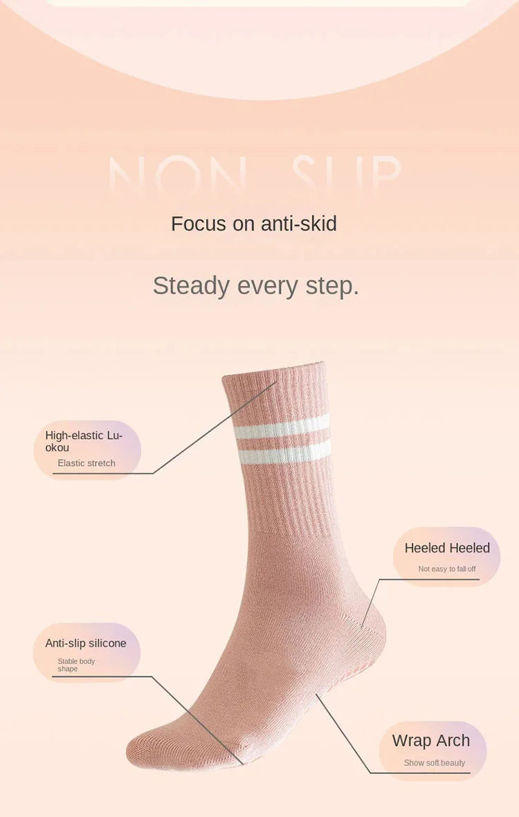 4 Pairs of Mid Tube Double Bar Striped Yoga Socks Anti Slip Dance Sports Breathable Socks Fitness Pilates Cotton Socks