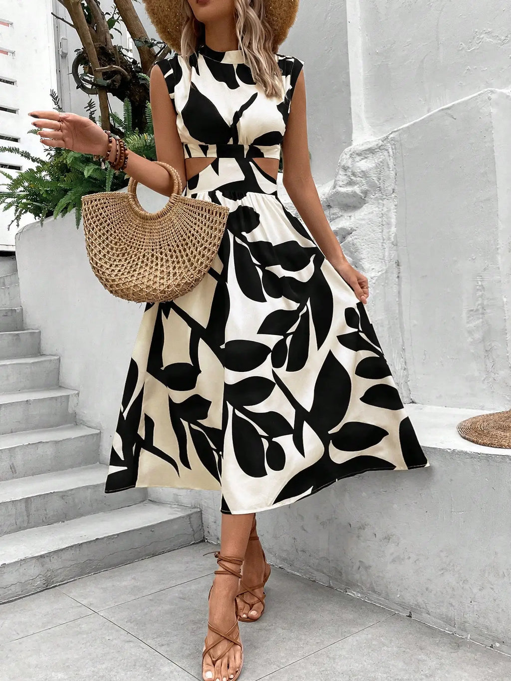 Women's Black White Abstract Leaf Print Maxi Dress 2025 Sleeveless High Neck Cut Out Waist Casual Vacation Beach Dress  Dresses