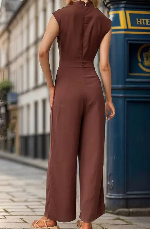 Jumpsuit Women 2026 Spring Summer New Solid Color High Collar Sleeveless Ruched Casual High Waist Wide Leg Jumpsuit