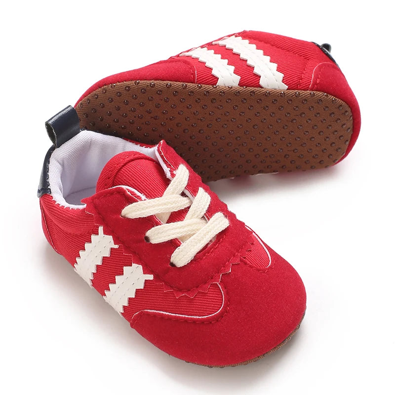 Baby Boys First Walkers – Soft Sole Striped Sneakers (0-12M)
