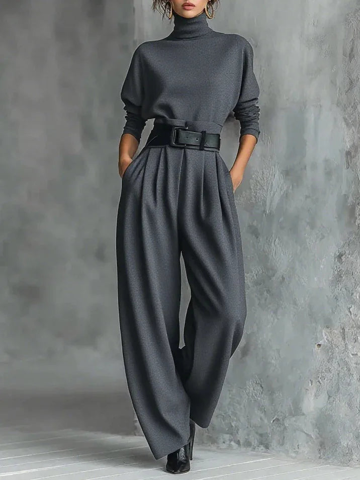 Autumn Winter New Women Elegant Stand Collar Solid High Waisted Trousers With Belt Long Sleeve Top Wide-leg Pants Two-piece Set