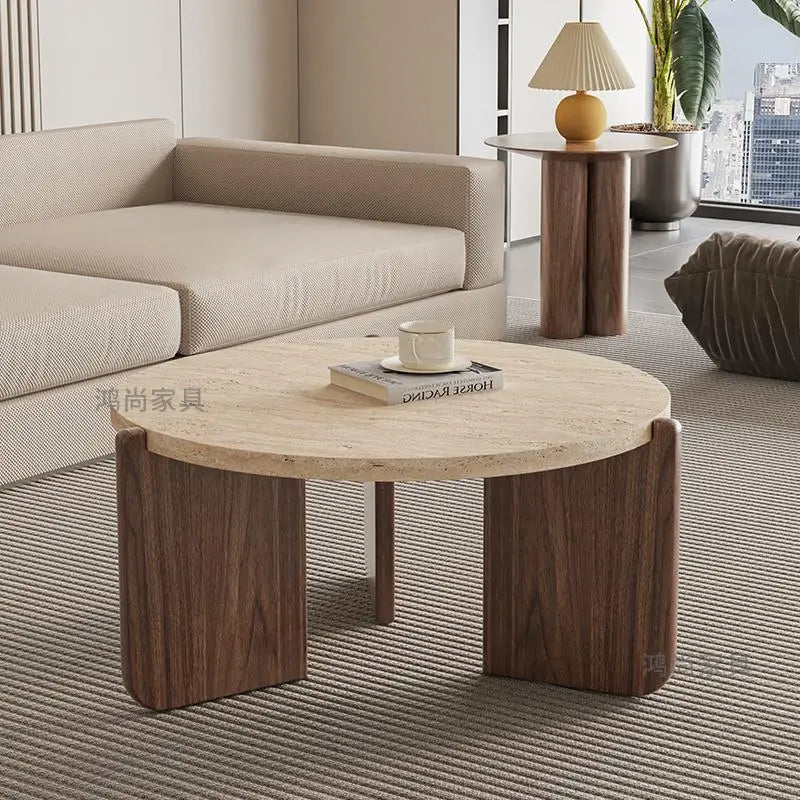 Wabi Sansan Solid Wood Travertine Coffee Table Household Coffee Table Living Room Minimalist Round Natural Travertine Rock Slate