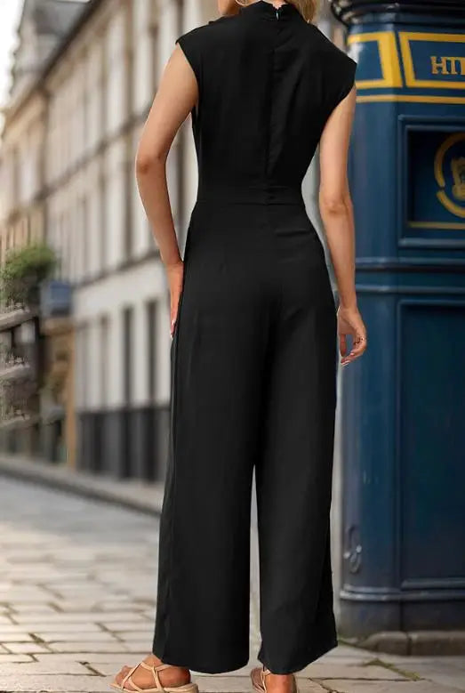 Jumpsuit Women 2026 Spring Summer New Solid Color High Collar Sleeveless Ruched Casual High Waist Wide Leg Jumpsuit