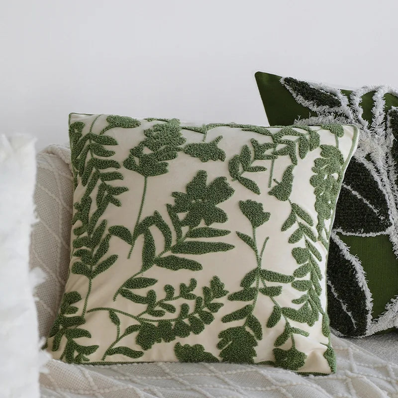Green Floral Tufted Pillowcase 50x30 Exquisite Embroidered Decorative Sofa Cushion Covers Spring Pillow Covers for Living Room