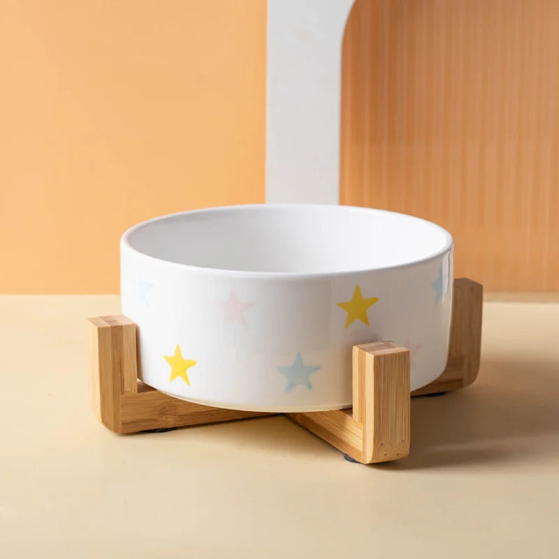 Ceramic Pet Bowl with Wooden Mat – Spine-Friendly