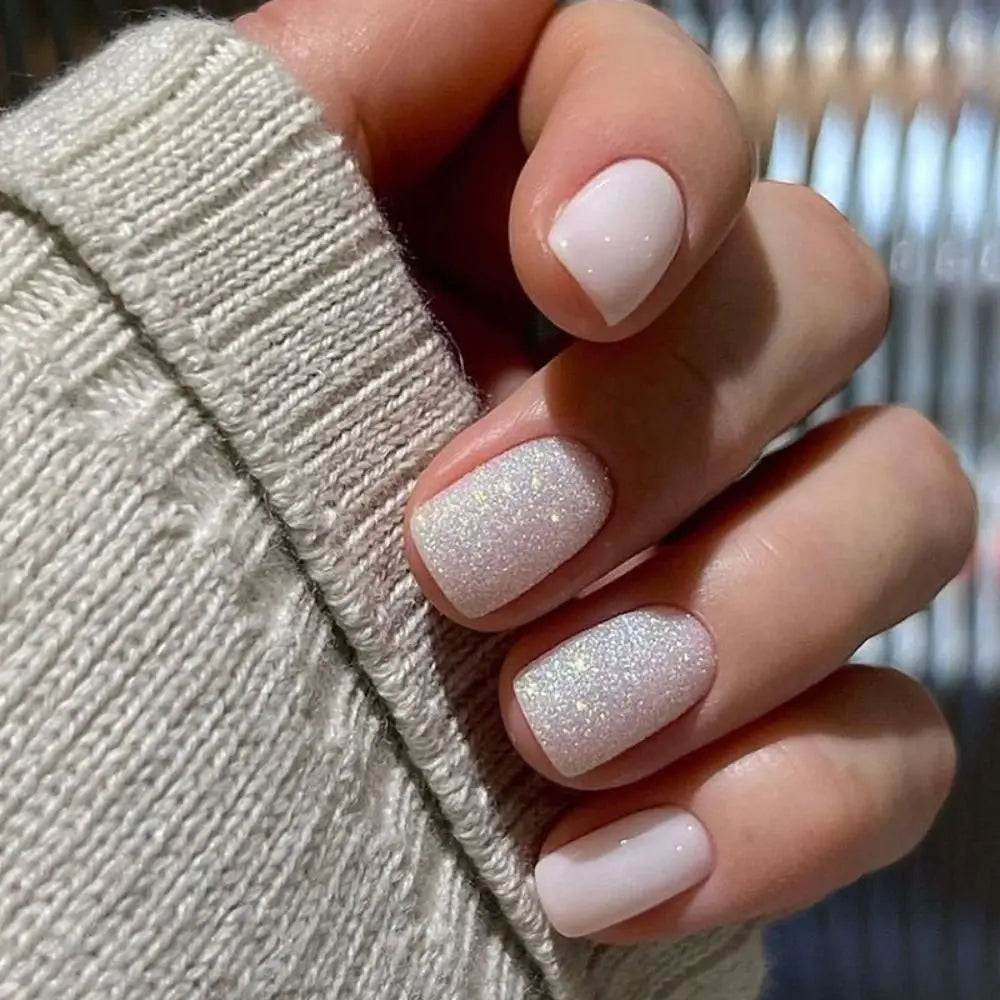 24PCS Short Square False Nails French White Edge Fake Nials Silver Flame Full Cover Press On Nails Detachable Ballerina Nail Tip