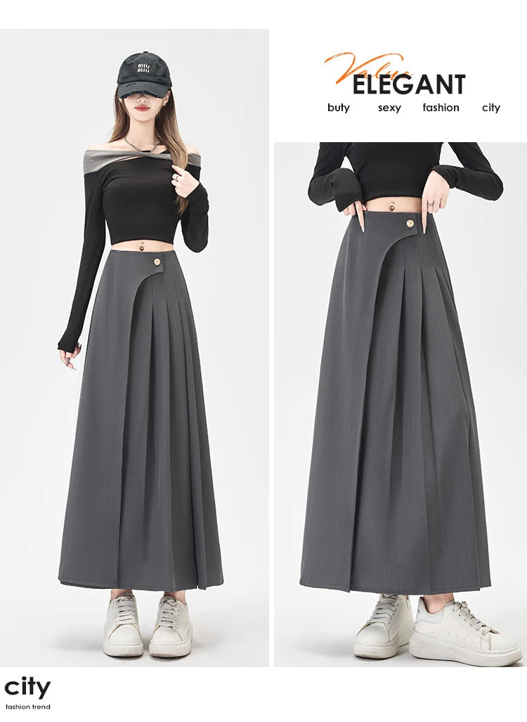 SMTHMA Women's High-Waisted Slimming Solid A- Line Skirt New Fashionable Big Umbrella Skirt Autumn/Winter Season Long Skirt