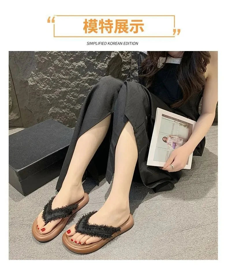 Daily Wear Fashion Slippers Women's Fringe Trim Flip Flops - Casual Flat Thong Sandals for Summer, Beach & Dress Outfits