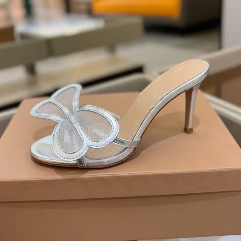 2025 New High Heels Slippers Women Mesh Big Butterfly-knot Thin Heels Lazy Sandals Summer Slides Fashion Party Dress Shoes