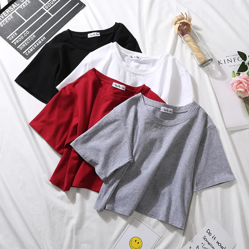 2023 Summer Short Sleeve T Shirts Women Cotton Solid T-shirt O Neck High Waist Crop Top Tee Female Casual Loose T Shirt