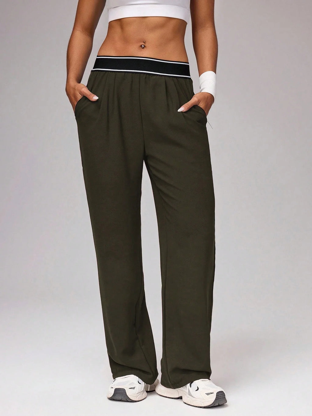 Women's High Waist Wide Leg Pants, Striped Waistband Loose Fit Casual Trousers, Lightweight Breathable Workout Joggers