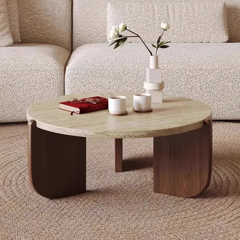 Wabi Sandy Wind Solid Wood Travertine Coffee Table Minimalist Small Tea Table Small Apartment Living Room Household Round Balcon