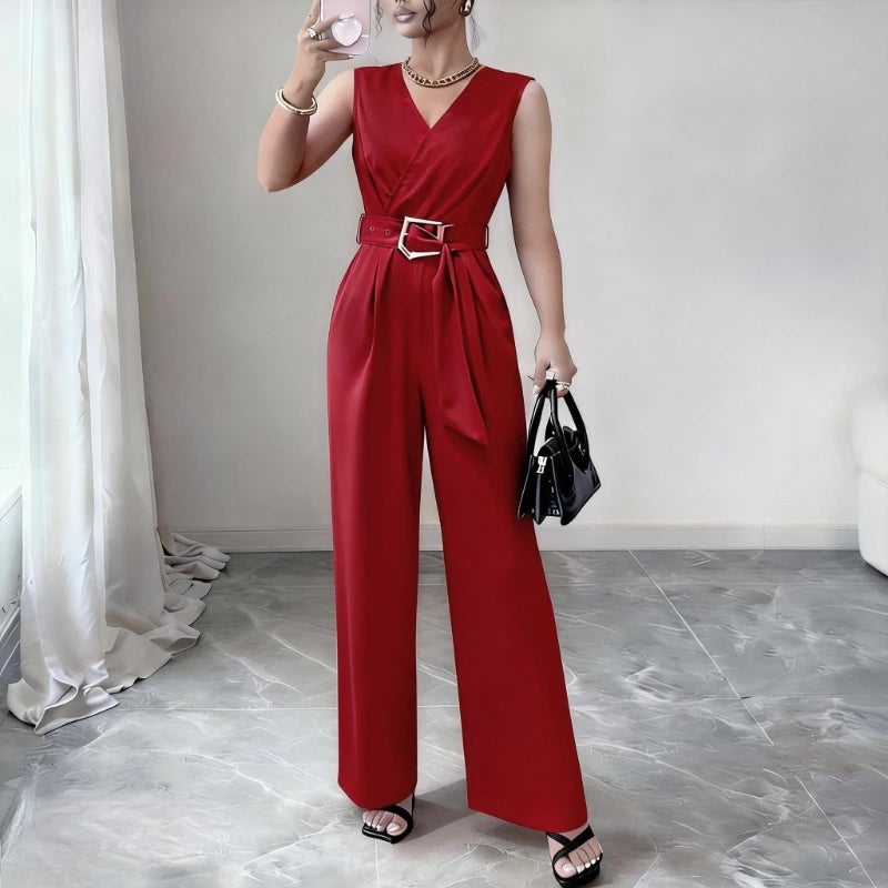 Women's Red Sleeveless V-Neck Pants  Belted Tie Waist Wide Leg Jumpsuit Casual Daily Office Party Elegant Romper Bodysuits