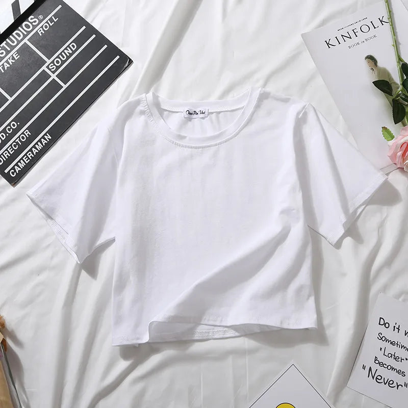 2023 Summer Short Sleeve T Shirts Women Cotton Solid T-shirt O Neck High Waist Crop Top Tee Female Casual Loose T Shirt