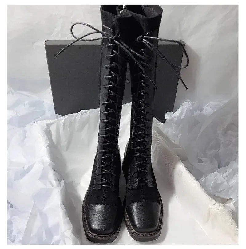 Women's Knee-high Boots High Quality Suede Leather Boot Lace Up Slim Long Tube Boots Knee-high Chelsea Boot Women Fashion Boots