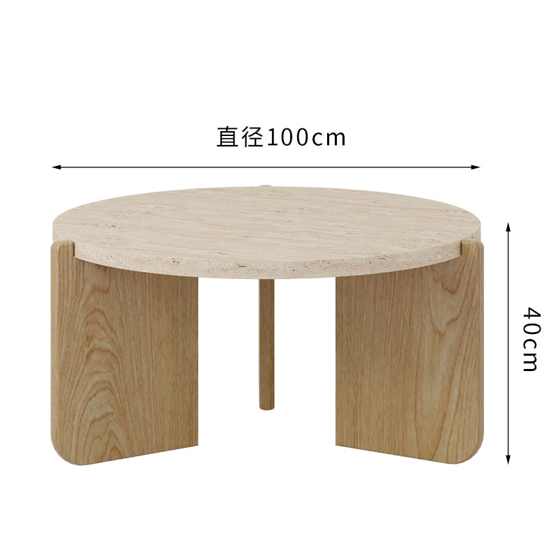 Wabi Sansan Solid Wood Travertine Coffee Table Household Coffee Table Living Room Minimalist Round Natural Travertine Rock Slate