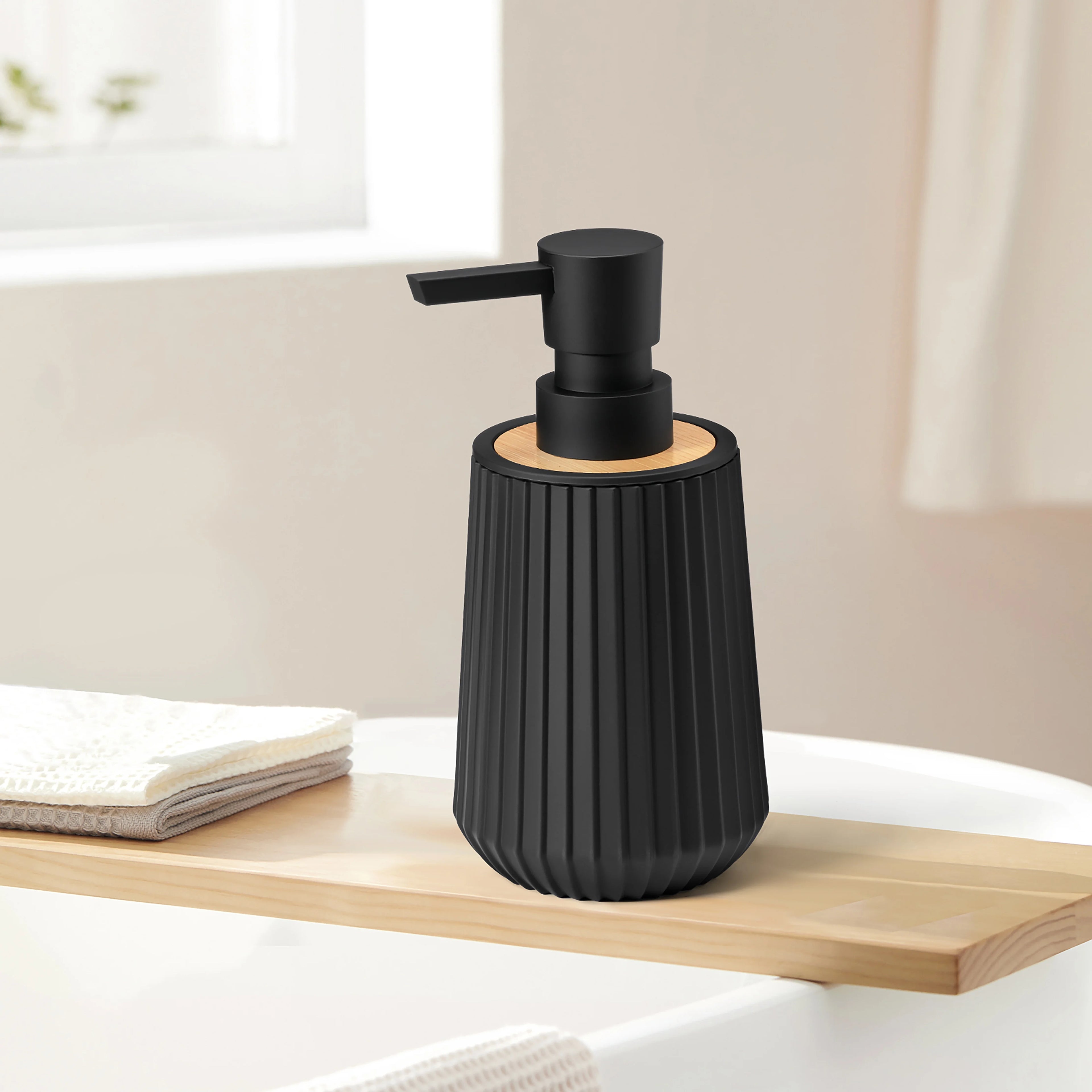 Modern Black Matte Soap Dispenser – Bamboo Trim