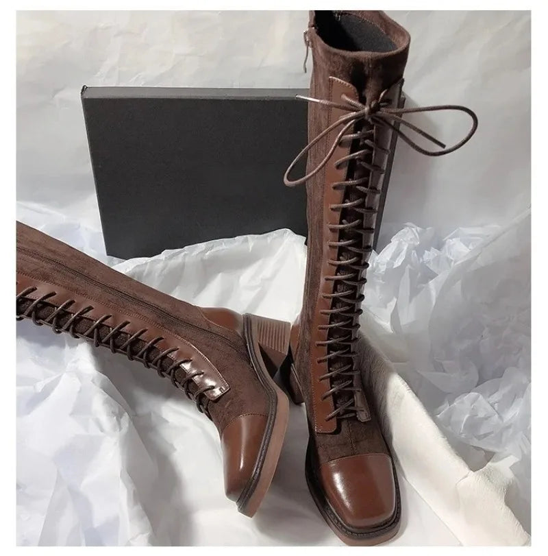 Women's Knee-high Boots High Quality Suede Leather Boot Lace Up Slim Long Tube Boots Knee-high Chelsea Boot Women Fashion Boots