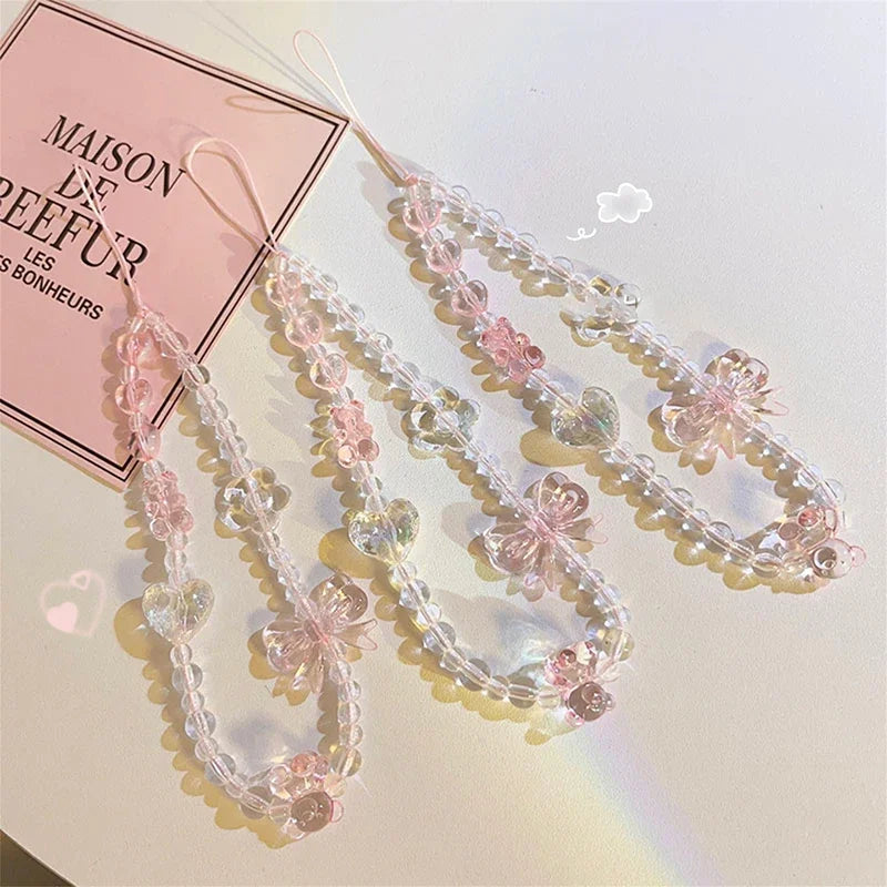 Korean Cute Y2K Pink Bow Bear Heart Beaded Phone Chain Charm Lanyard For iPhone Hanging Rope Girl Jewelry Decoration ﻿