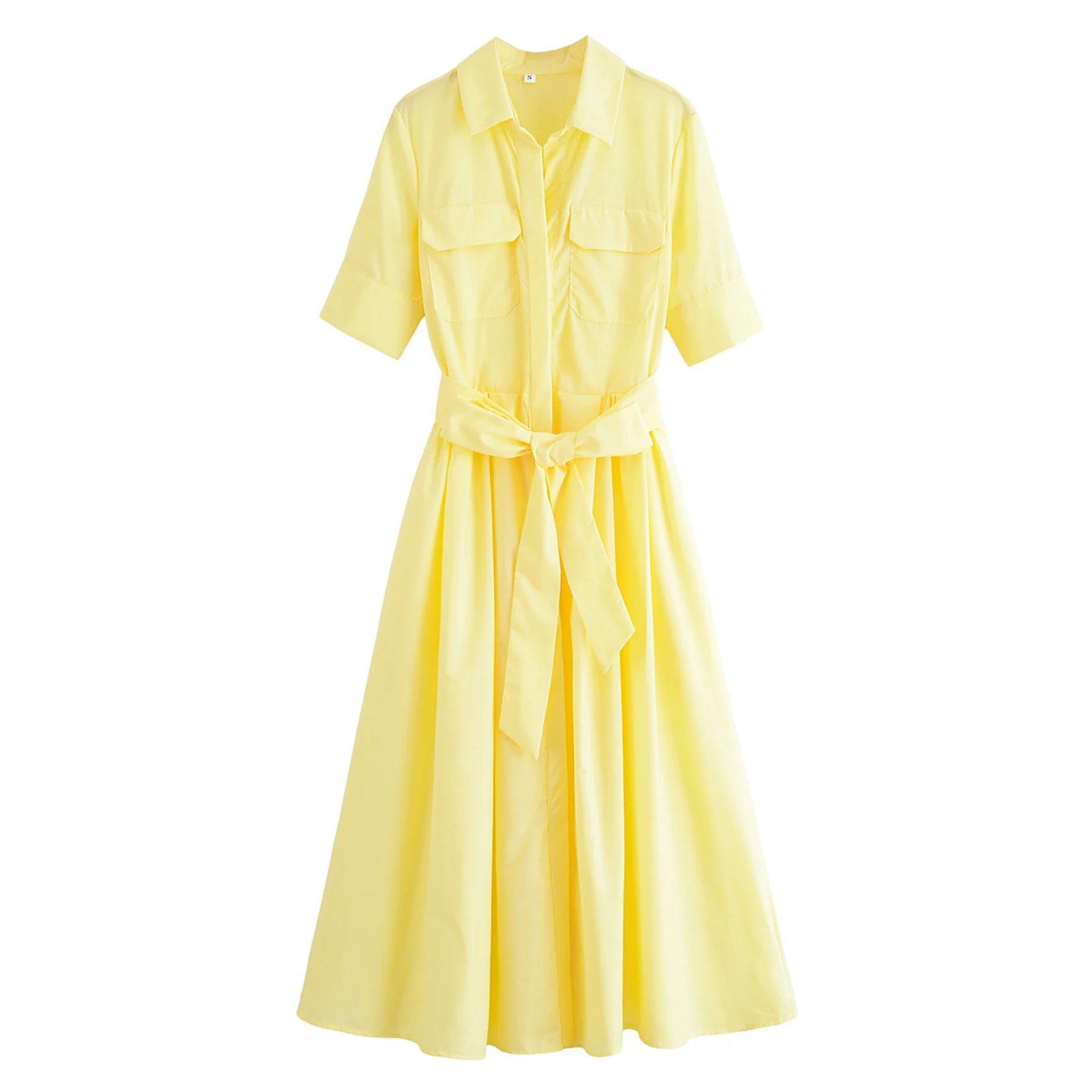 HH Woman Dresses Solid Turn-Down Collar Short Sleeve Pockets Bow Lace-Up Single-Breasted Female Fashion Long Dress 7 Color