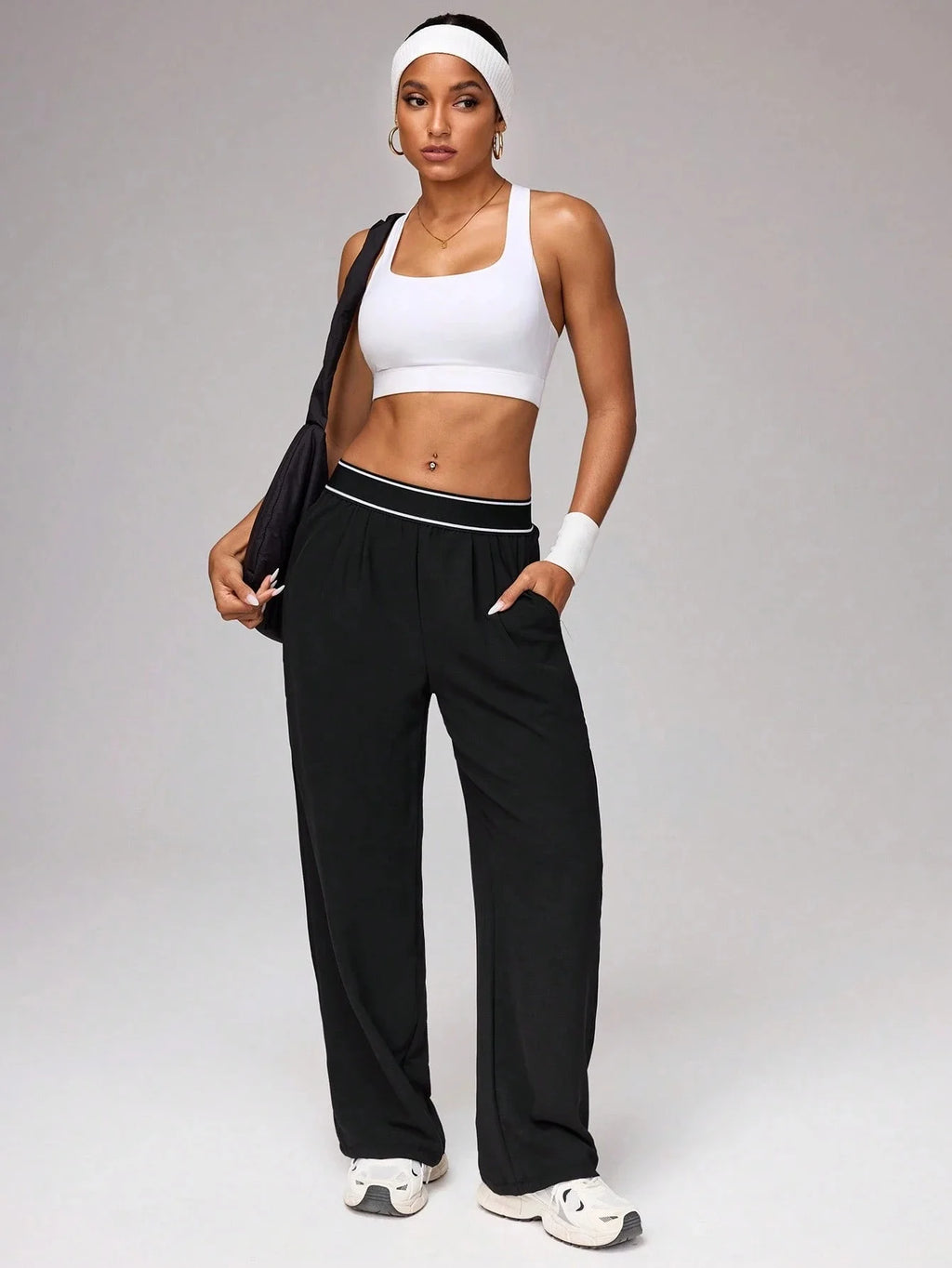 Women's High Waist Wide Leg Pants, Striped Waistband Loose Fit Casual Trousers, Lightweight Breathable Workout Joggers