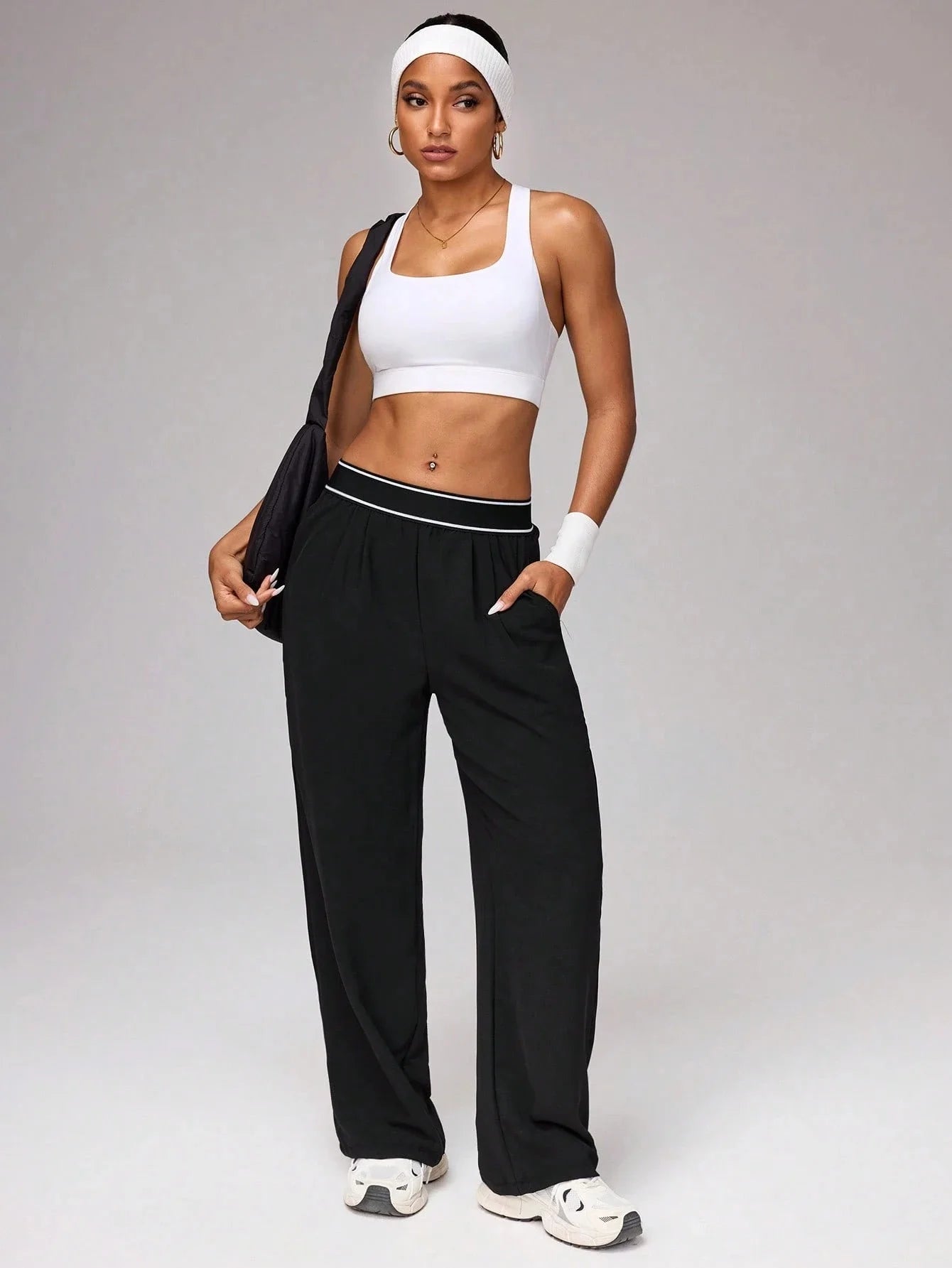 Women's High Waist Wide Leg Pants, Striped Waistband Loose Fit Casual Trousers, Lightweight Breathable Workout Joggers