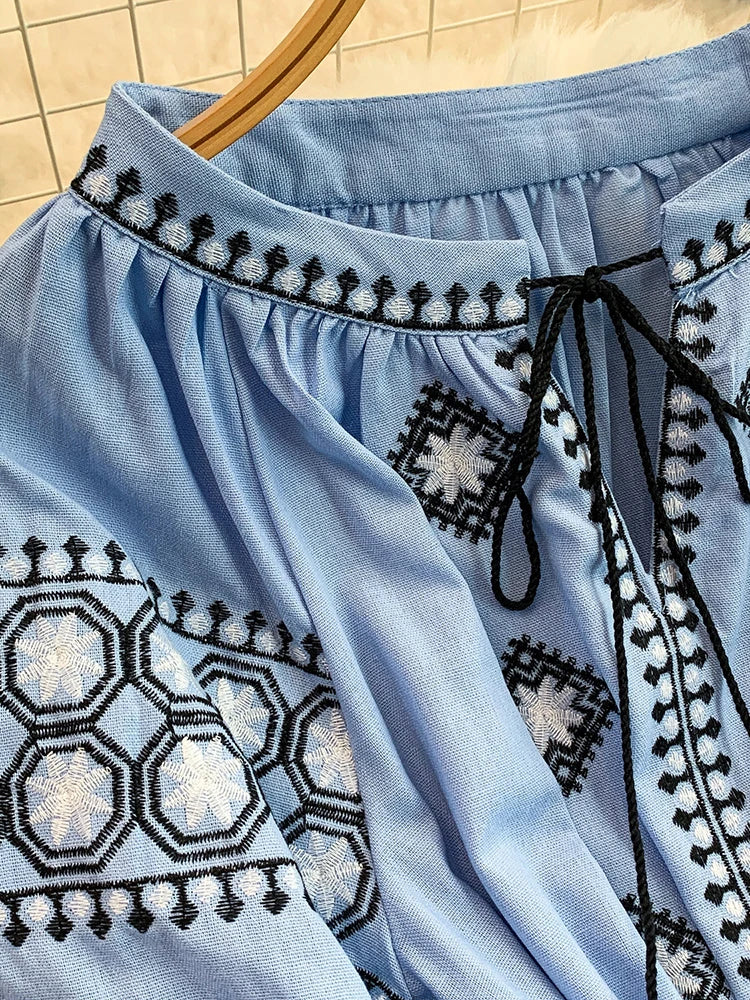 Women's Dress Spring New Style Vintage Embroidery Lace-up O-Neck Versatile Loose Bandage Waist A-line Mid-length Vestidos DS354