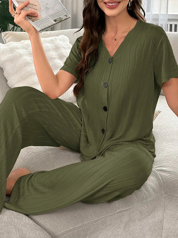 Women Summer Pajamas Set Short Sleeve V-neck Solid Rib T-shirt with Pants Loose Sleepwear Homewear Female Casual Loungewear