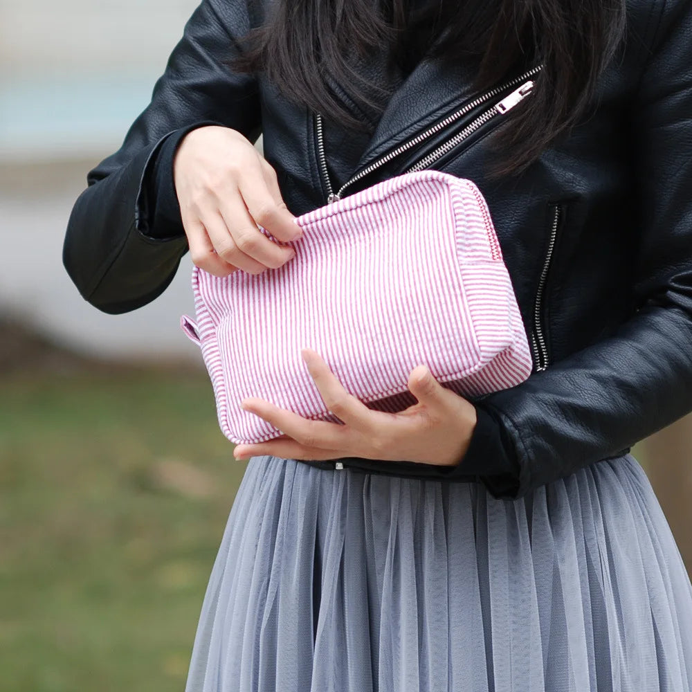 Seersucker Ruffle Cosmetic Bag – Pink/Purple Stripes