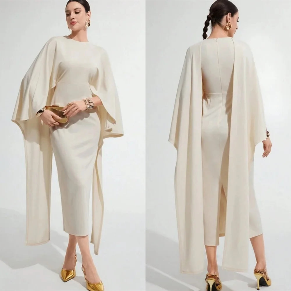 Customized Classic Ivory Satin Evening Dress Temperament Crew Neck Shawl Long Sleeves Zipper Back Bespoke Occasion G