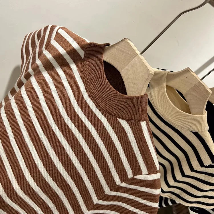 Half Turtleneck Pullover Striped Sweater Sweater Slim Fit Top Shirt Women's Early Spring and Autumn Short Sleeve Bottoming Shirt
