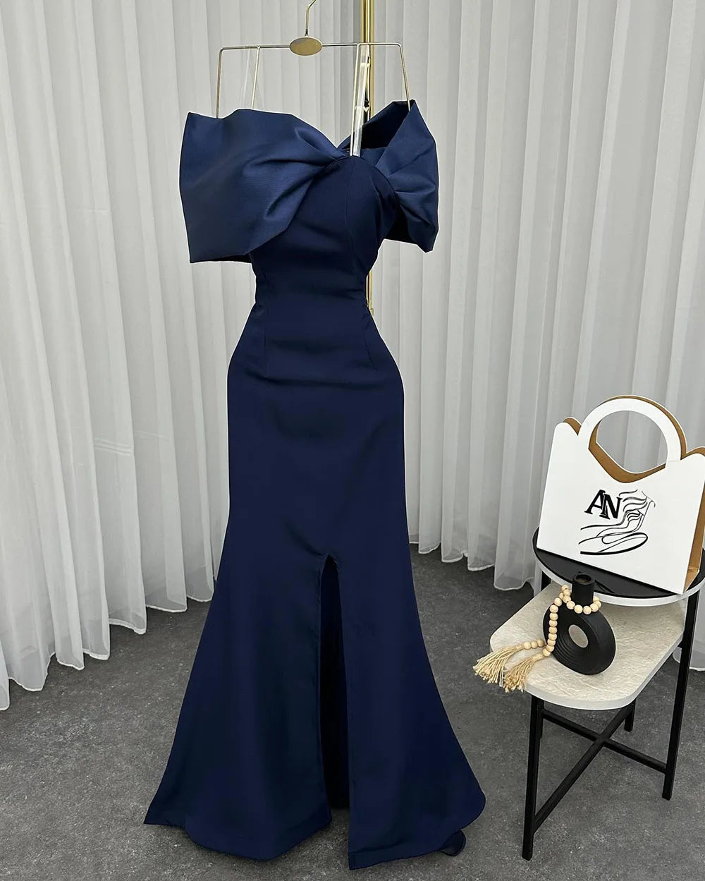 Msikoods Navy Blue Mermaid Prom Dress Luxury Off Shoulder Sexy Slit Arab Evening Dresses Elegant Night Party Dress Customzied