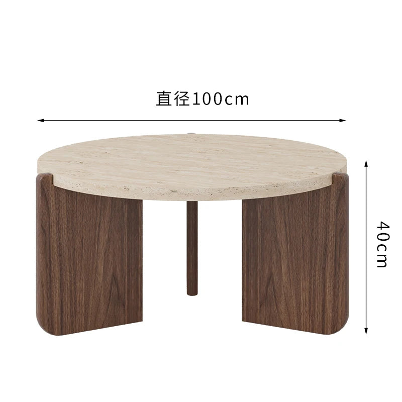 Wabi Sansan Solid Wood Travertine Coffee Table Household Coffee Table Living Room Minimalist Round Natural Travertine Rock Slate